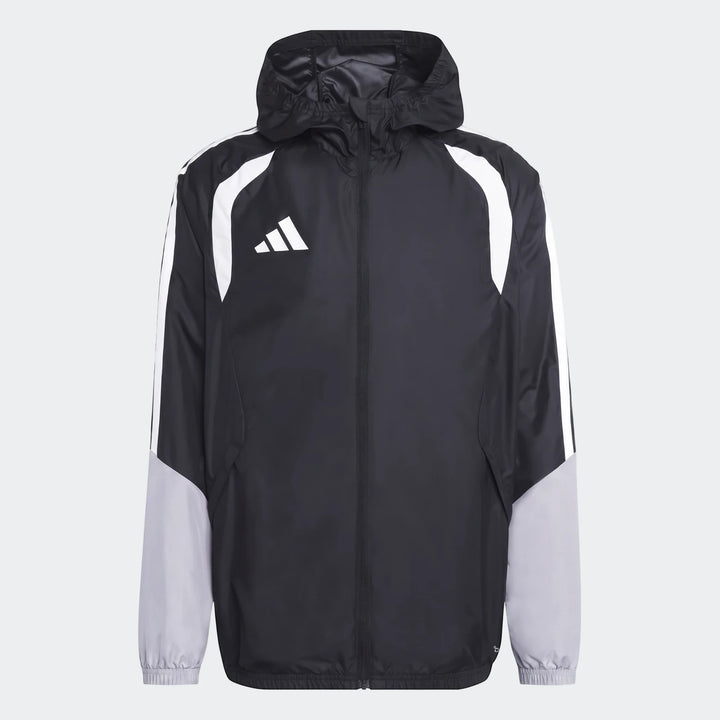 Adidas Tiro 26 Competition All-Weather Jacket in black and light grey, front view, with white stripes and logo.