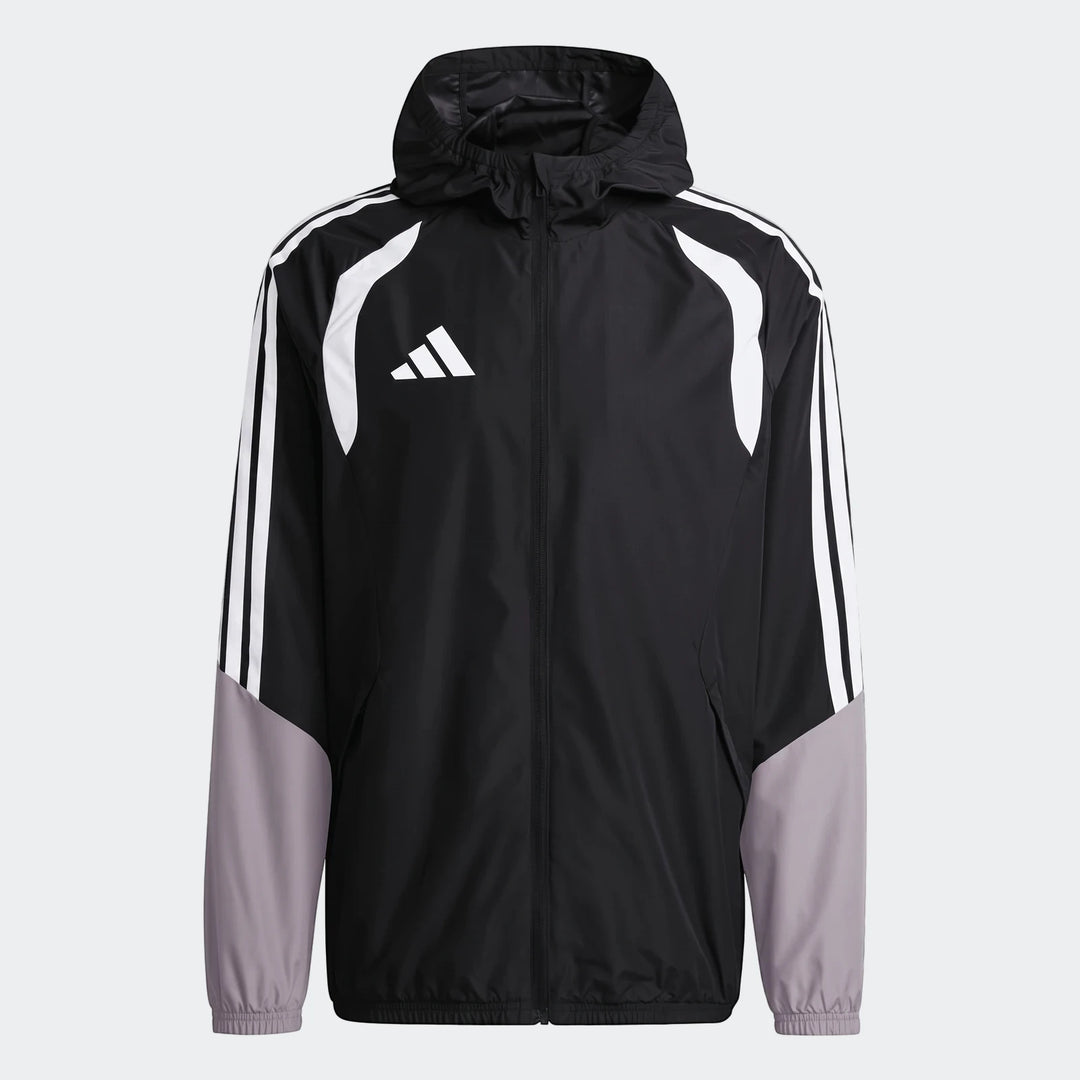 Adidas Tiro 26 Competition All-Weather Jacket in black with white stripes and grey color blocking, a full zip, and hood.