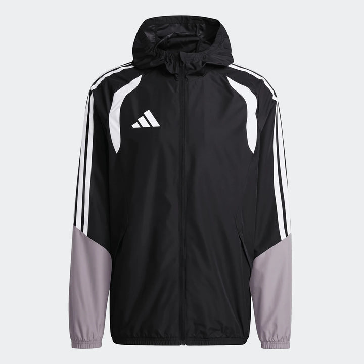 Adidas Tiro 26 Competition All-Weather Jacket in black with white stripes and grey color blocking, a full zip, and hood.