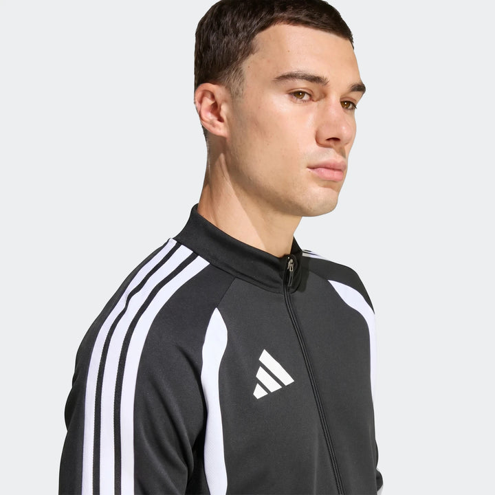 Black Adidas Tiro 26 Competition Training Jacket for men, with white three-stripes on the sleeves and full-zip, close-up on