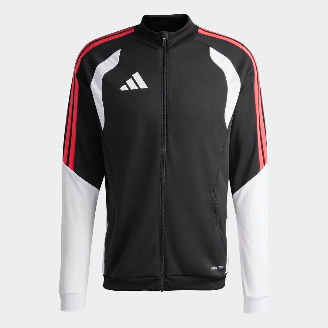 Black Adidas Tiro 26 Competition Training Jacket with red three stripes and white panels, shown in a front view with full