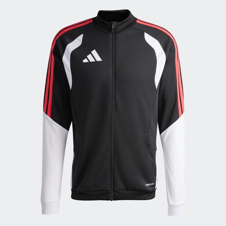 Black Adidas Tiro 26 Competition Training Jacket with red three stripes and white panels, shown in a front view with full