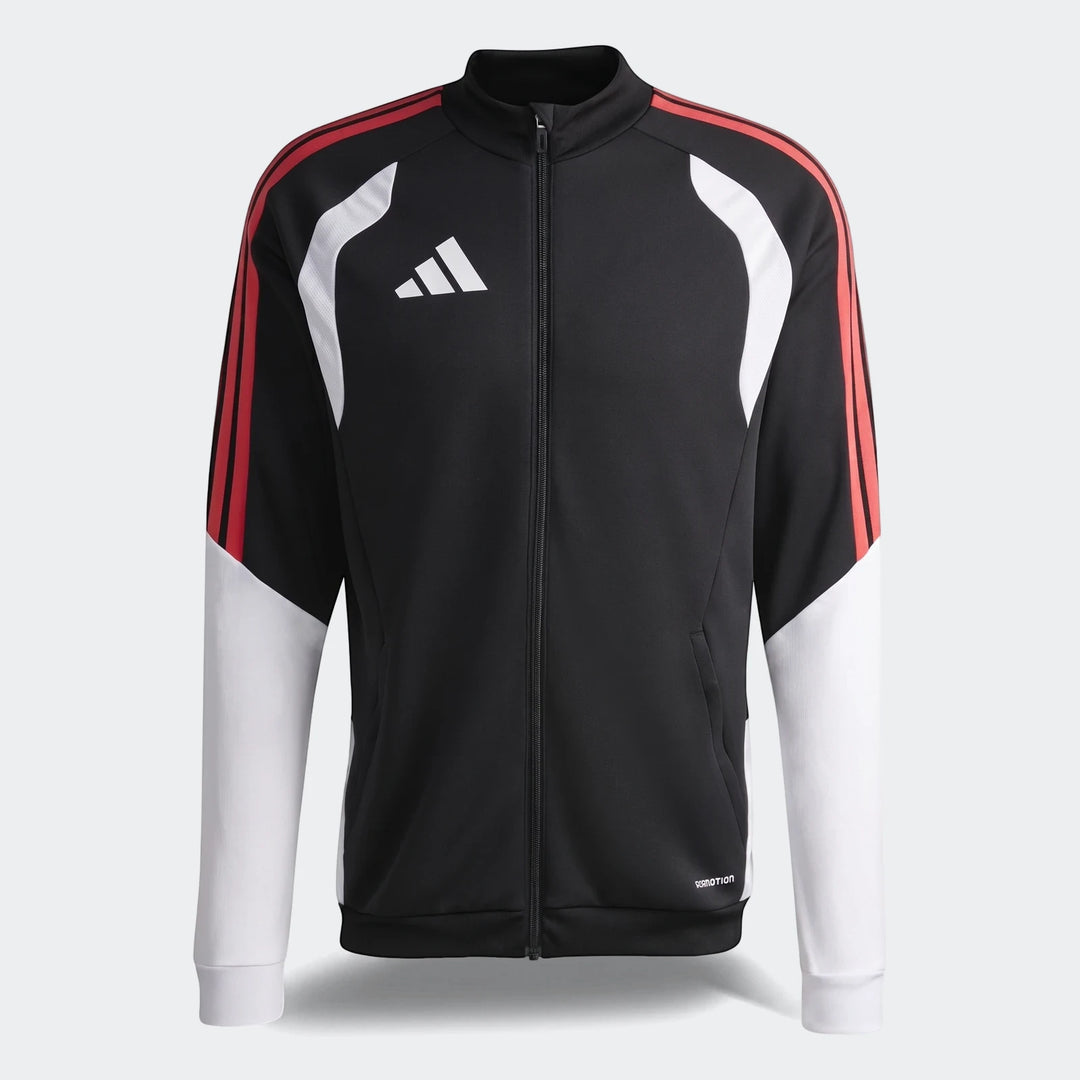 Adidas Tiro 26 Competition Training Jacket in black with red three-stripes and white accents, featuring a full-zip closure