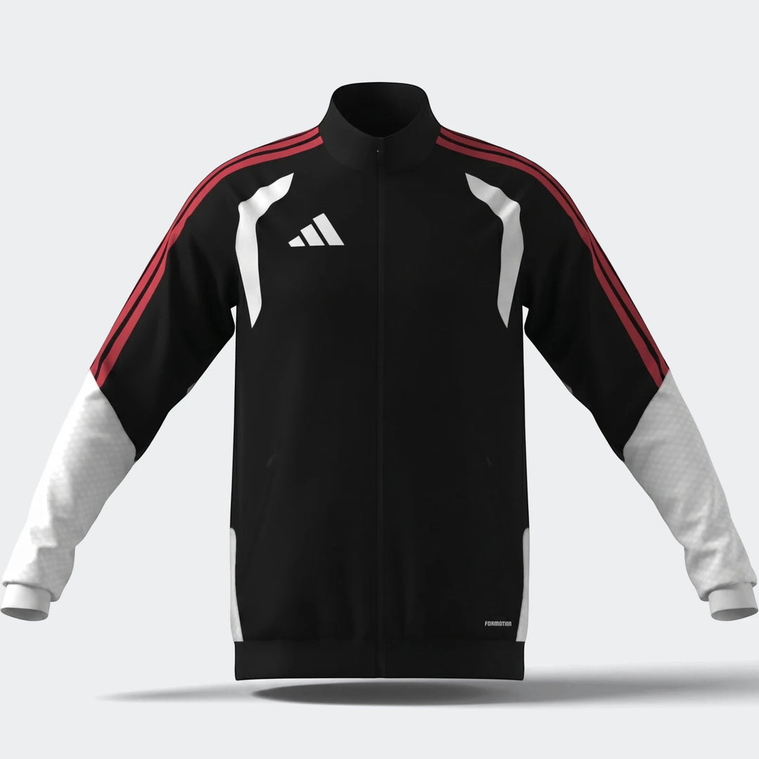 Adidas Tiro 26 Competition Training Jacket in black with red three-stripes on shoulders and white textured lower sleeves,