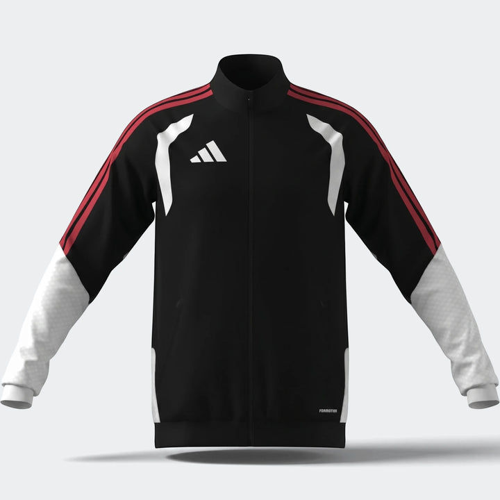 Adidas Tiro 26 Competition Training Jacket in black with red three-stripes on shoulders and white textured lower sleeves,
