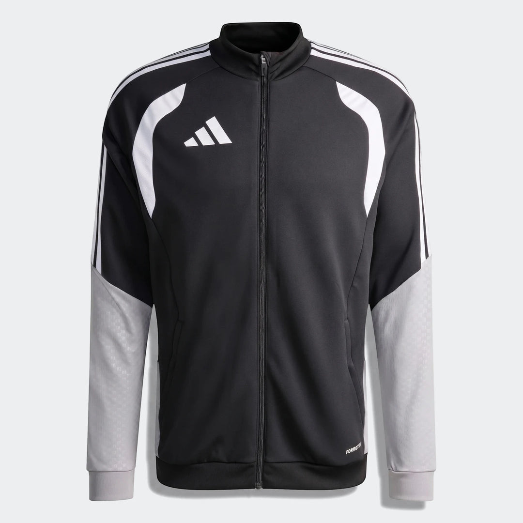 Black, white, and grey Adidas Tiro 26 Competition Training Jacket, full-zip, shown from the front.