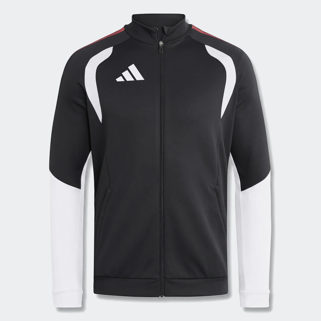 Adidas Tiro 26 Competition Training Jacket in black, white, and red, featuring a full-zip front and stand-up collar,