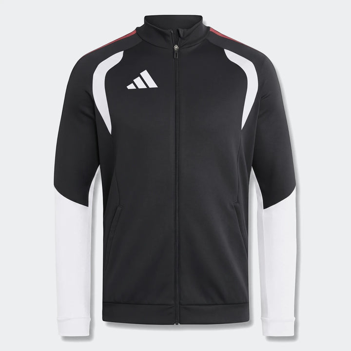 Adidas Tiro 26 Competition Training Jacket in black, white, and red, featuring a full-zip front and stand-up collar,