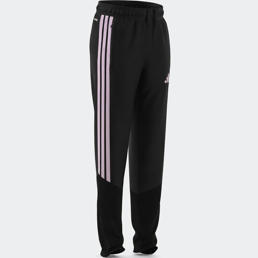 Black Adidas Tiro 26 Competition Training Pants for youth, featuring light pink stripes on the left leg, shown from an