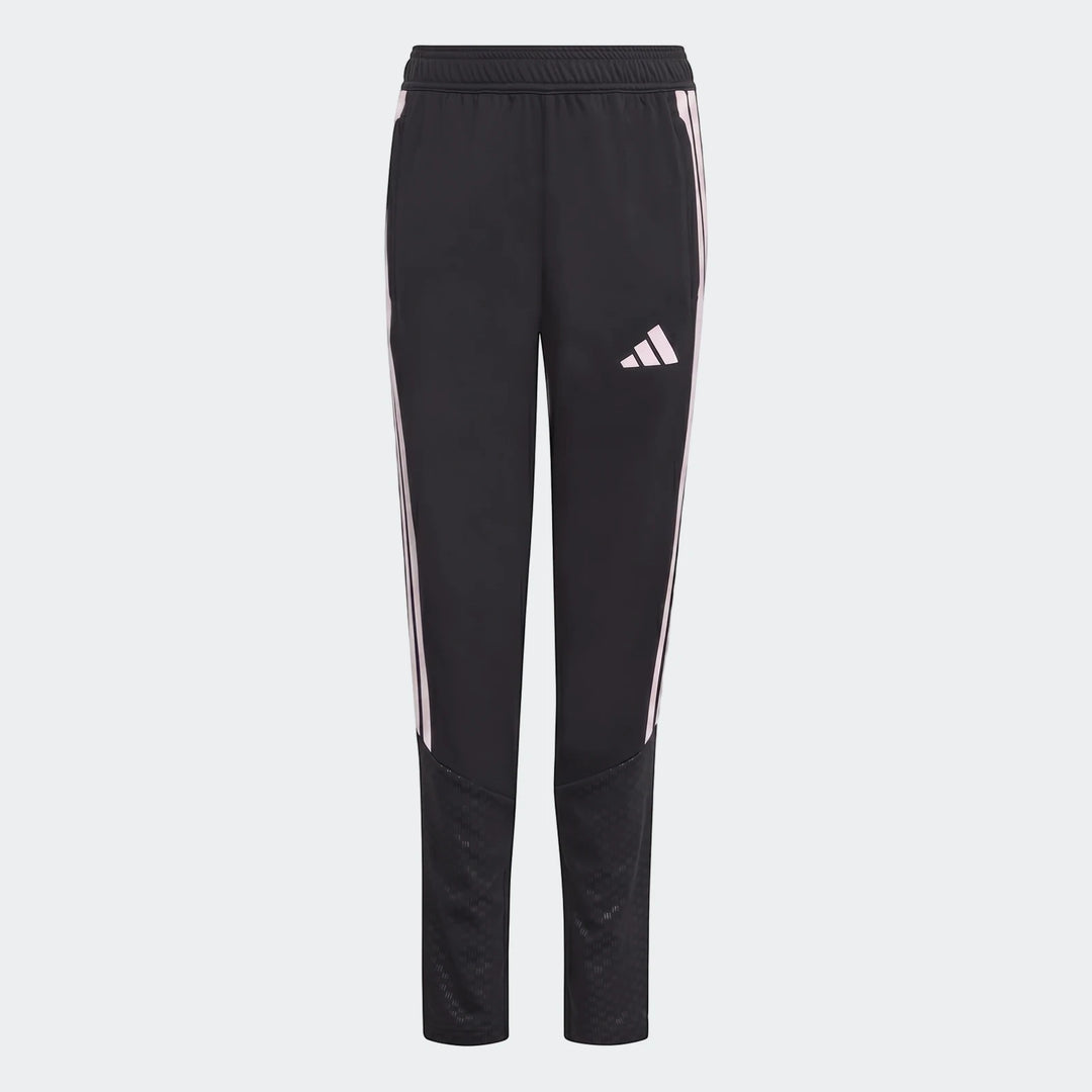 Black Adidas Tiro 26 Competition Training Pants Youth with white stripes, an Adidas logo, and textured lower leg panels,