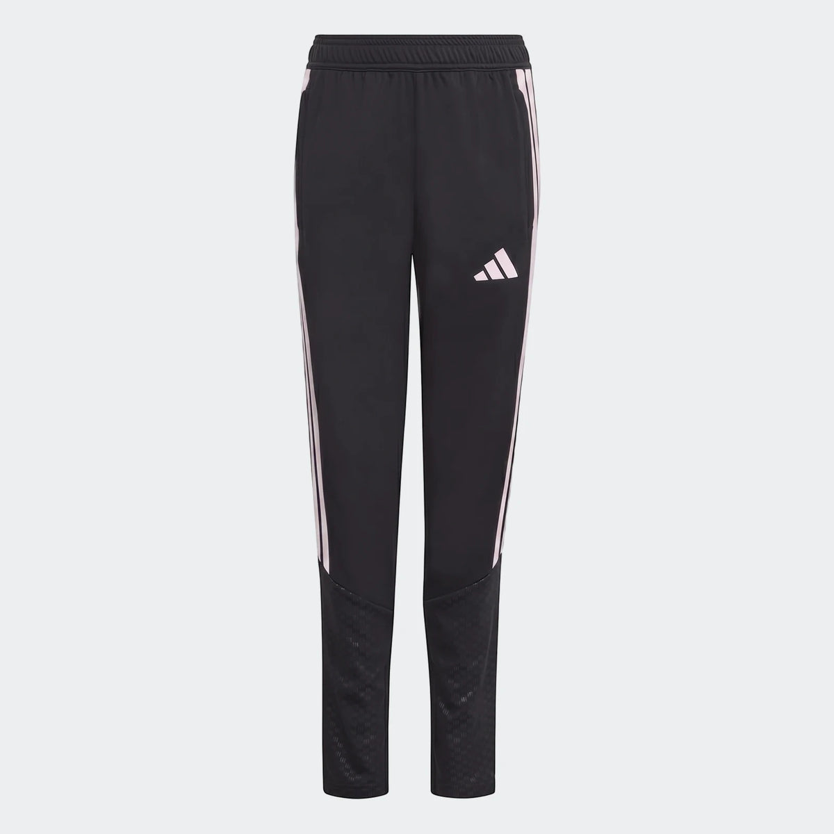 Black Adidas Tiro 26 Competition Training Pants Youth with white stripes, an Adidas logo, and textured lower leg panels,