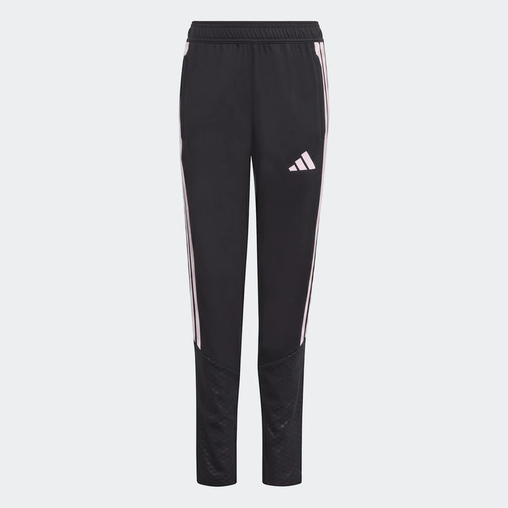 Black Adidas Tiro 26 Competition Training Pants Youth with white stripes, an Adidas logo, and textured lower leg panels,