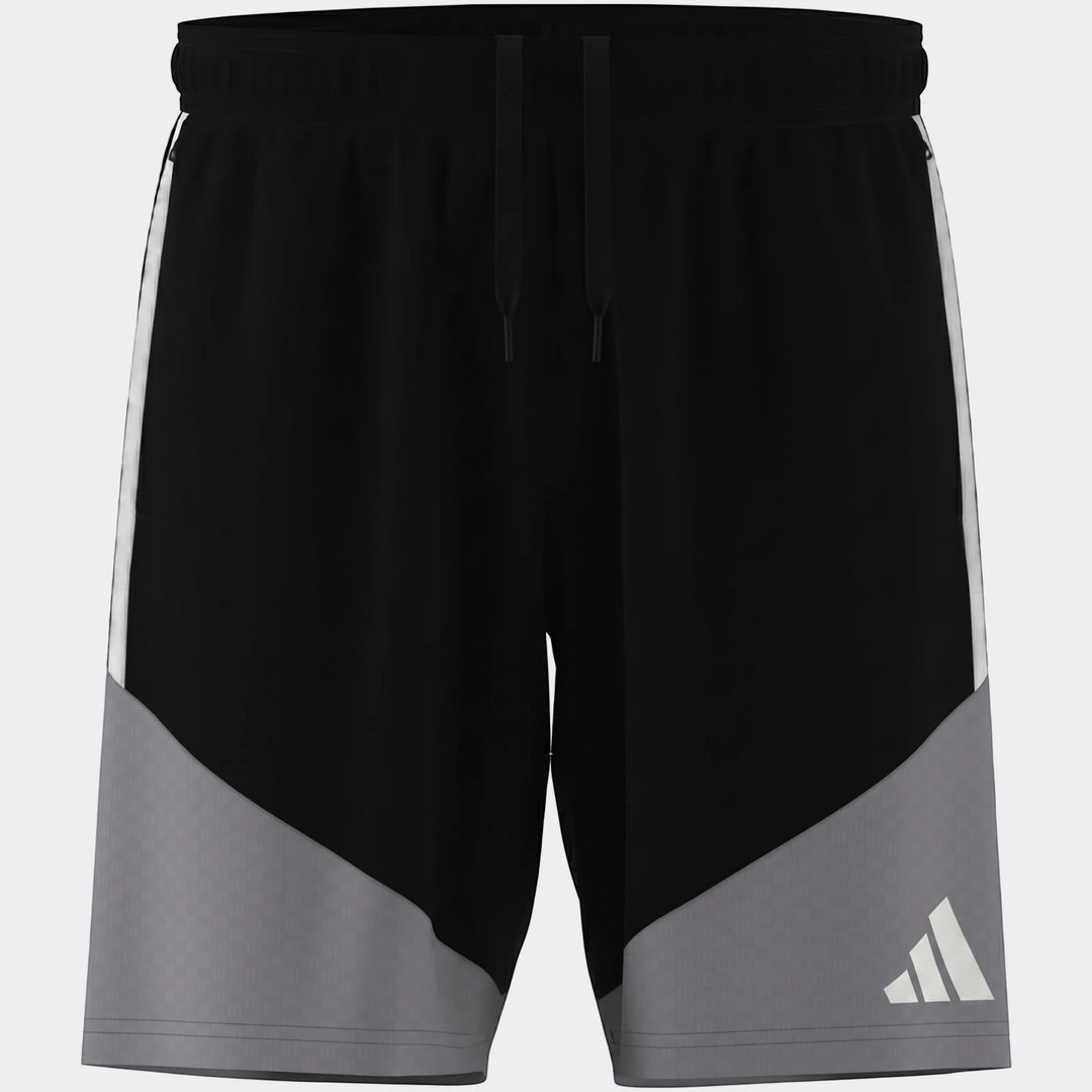 Black and gray Adidas Tiro 26 Competition Training Shorts, front view. These athletic shorts feature white stripes and a