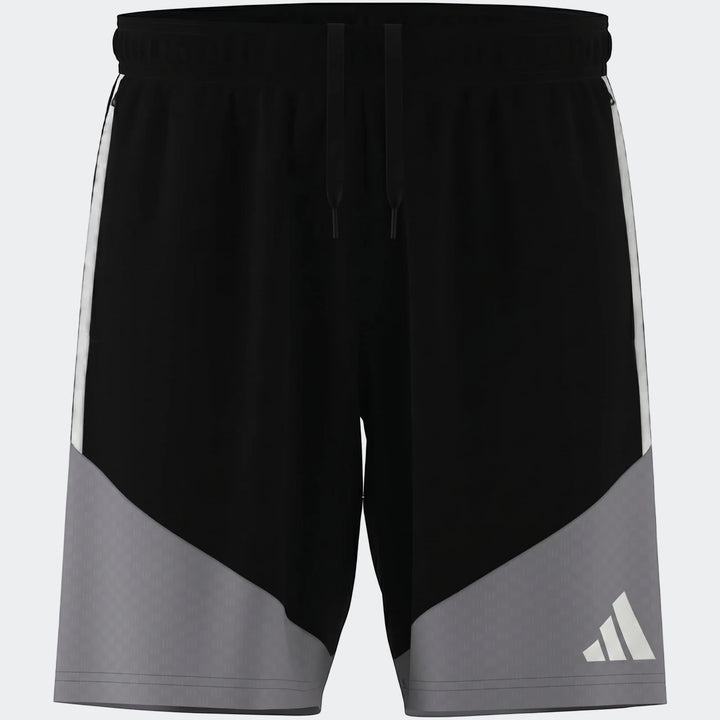 Black and gray Adidas Tiro 26 Competition Training Shorts, front view. These athletic shorts feature white stripes and a