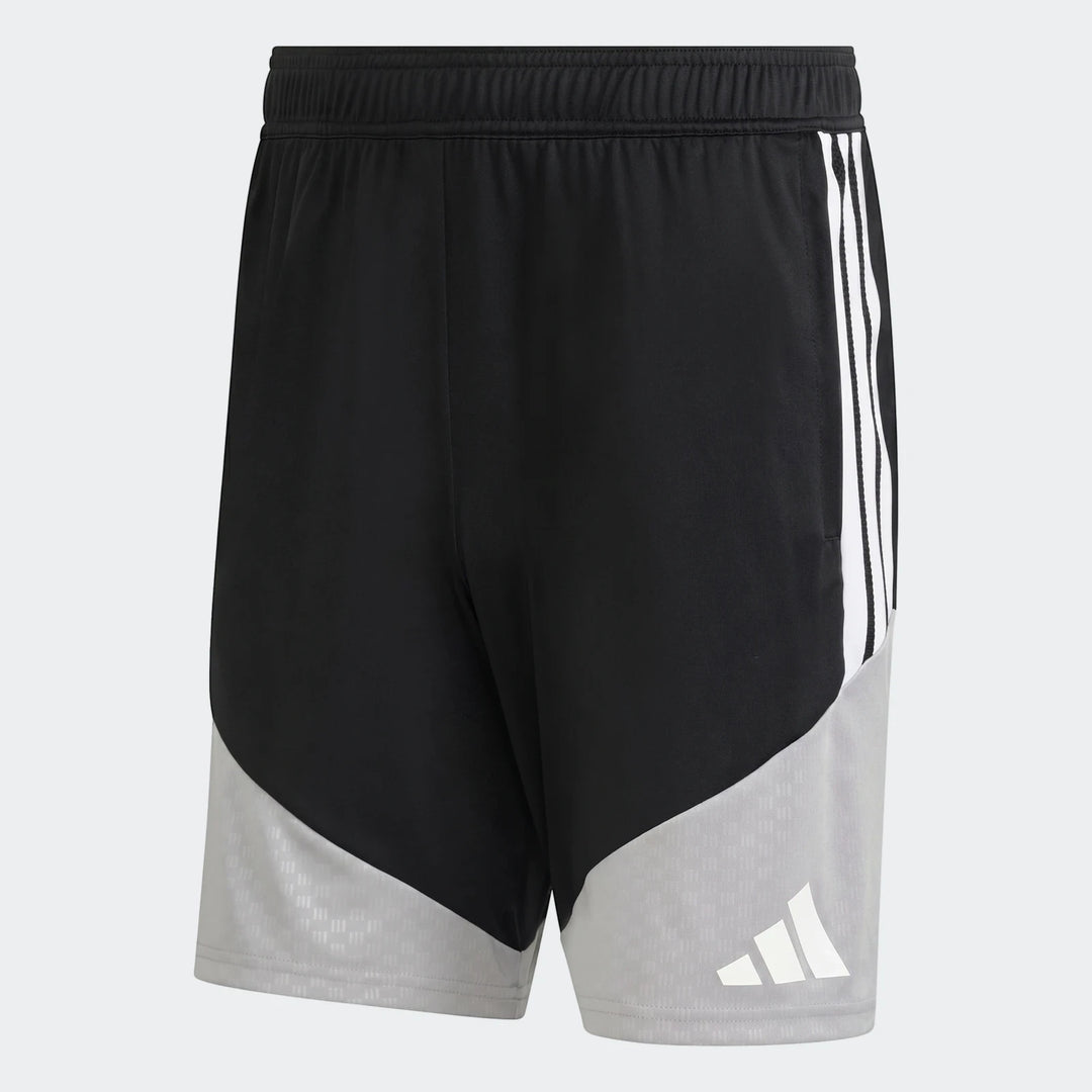 Black and grey Adidas Tiro 26 Competition Training Shorts, featuring white three stripes and logo, shown from a back-side