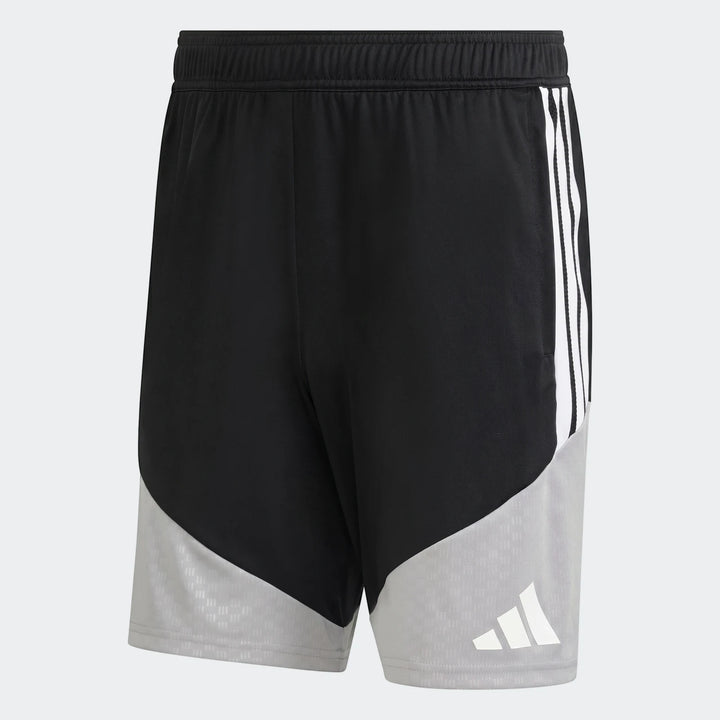 Black and grey Adidas Tiro 26 Competition Training Shorts, featuring white three stripes and logo, shown from a back-side