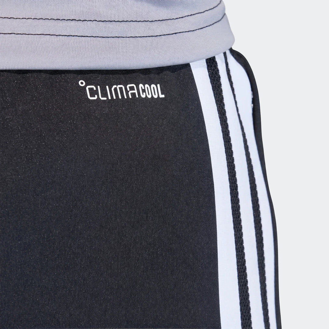 Close-up of black Adidas Tiro 26 Competition Training Shorts featuring the white ClimaCool logo and signature white three