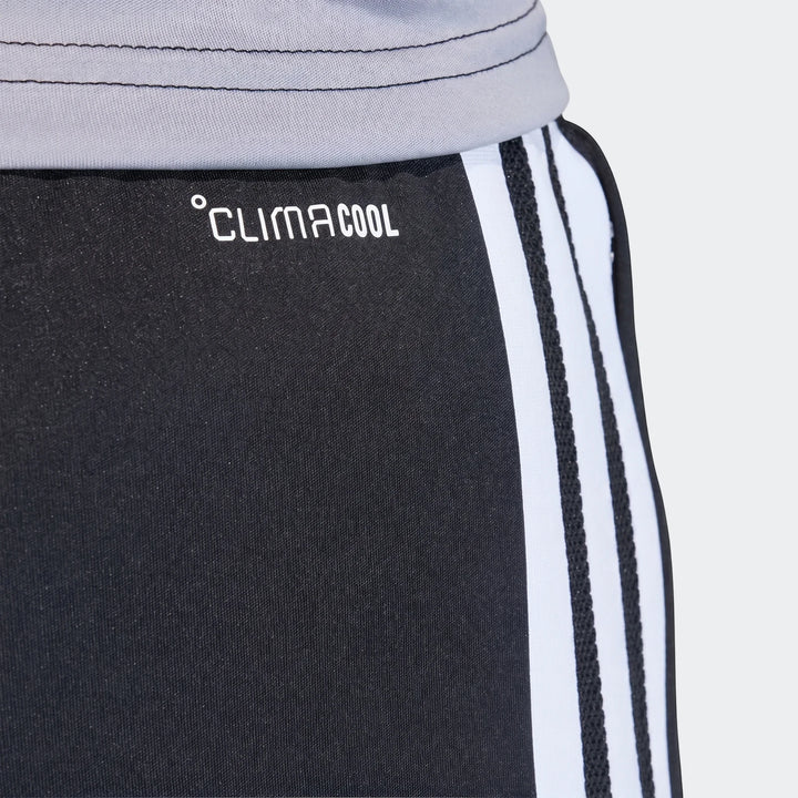 Close-up of black Adidas Tiro 26 Competition Training Shorts featuring the white ClimaCool logo and signature white three