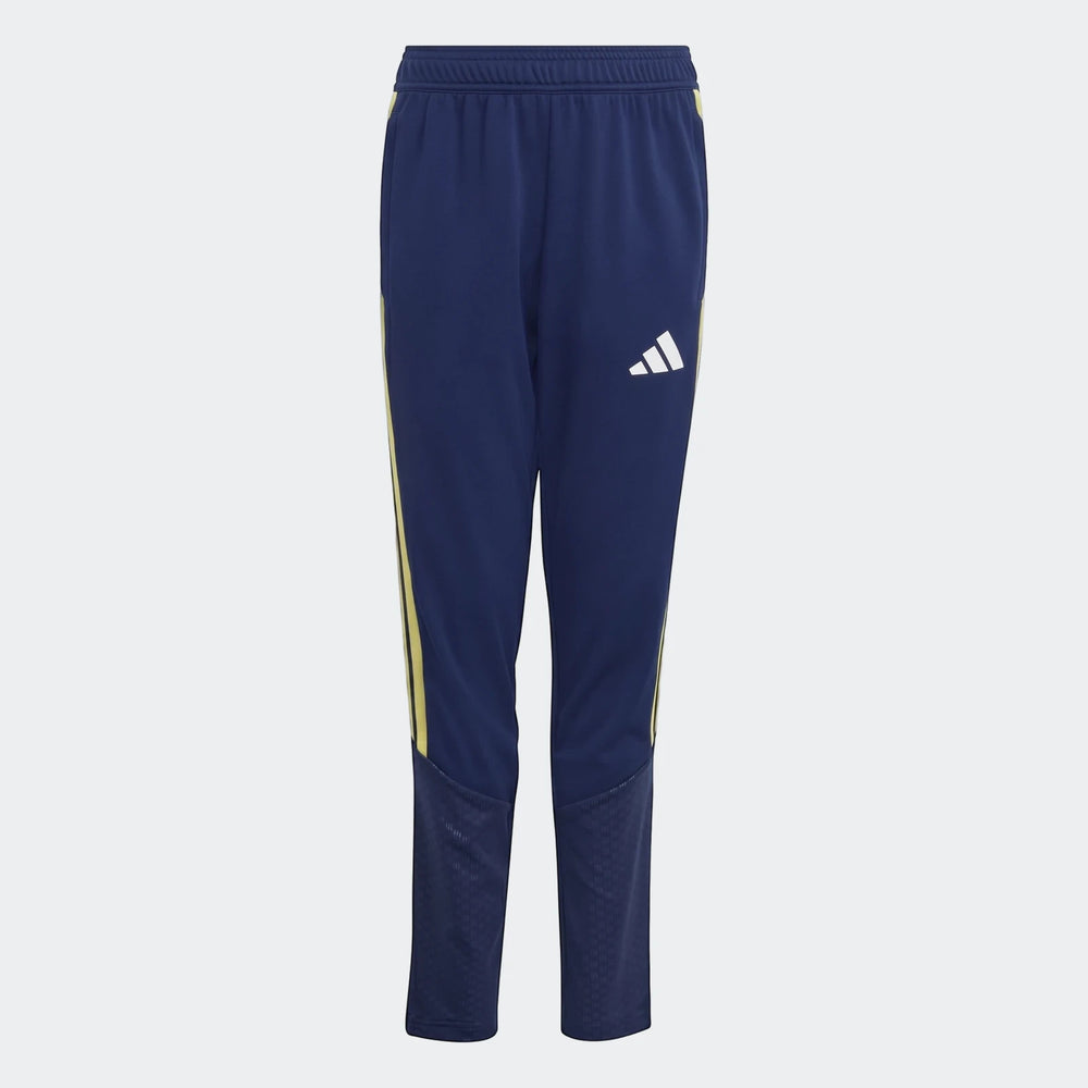 Dark blue Adidas Tiro 26 Competition Youth Training Pants with yellow stripes, shown full-length in a flat lay studio shot.