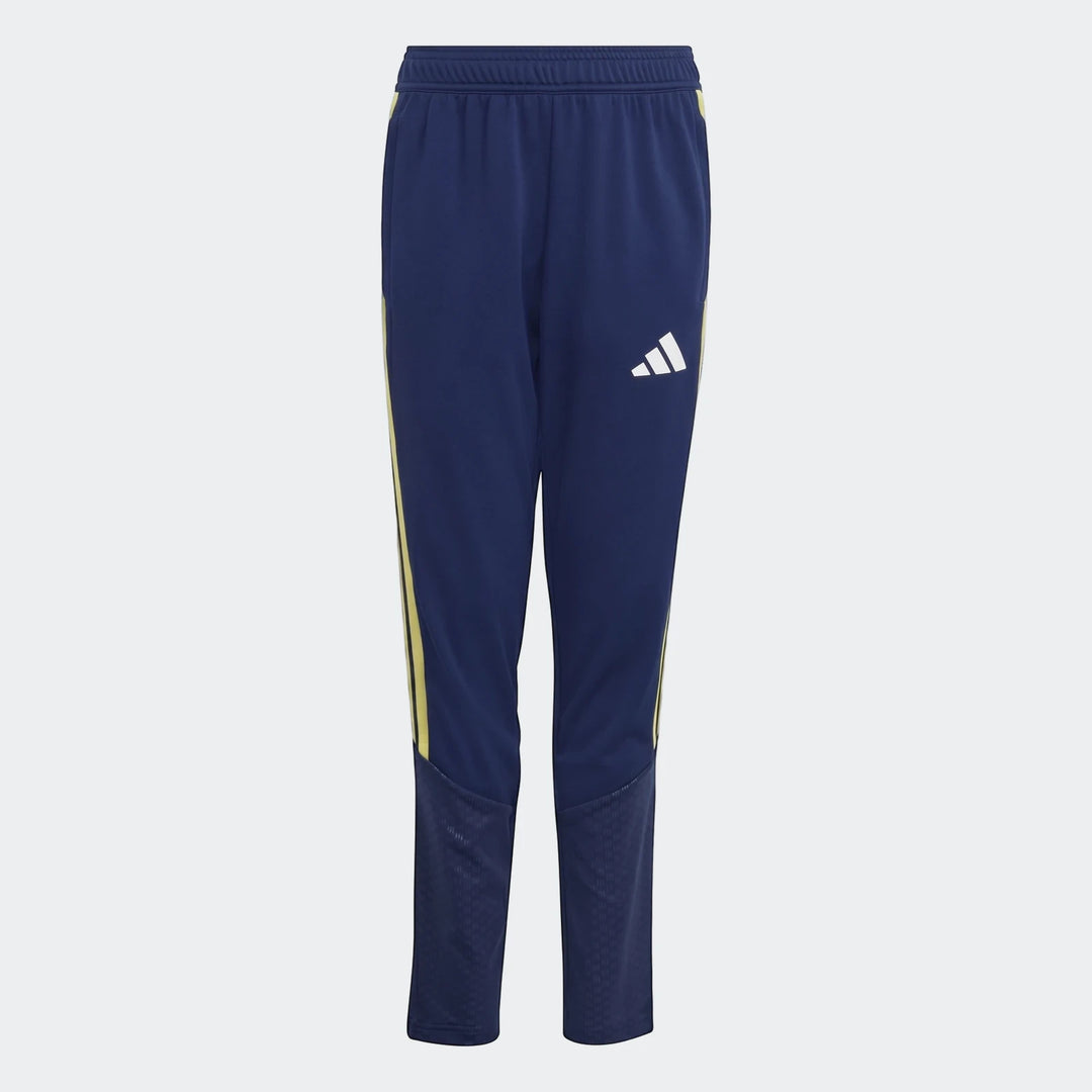 Dark blue Adidas Tiro 26 Competition Youth Training Pants with yellow stripes, shown full-length in a flat lay studio shot.