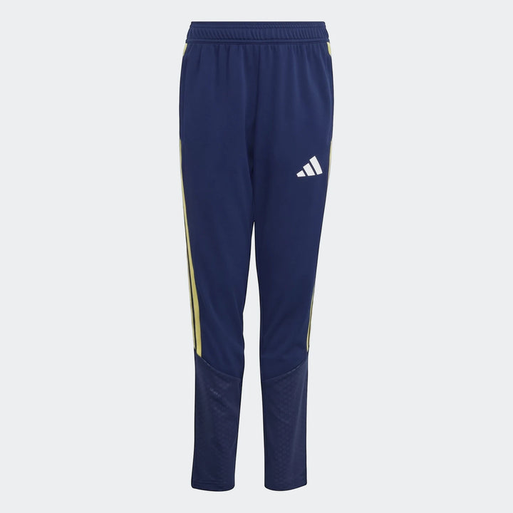 Dark blue Adidas Tiro 26 Competition Youth Training Pants with yellow stripes, shown full-length in a flat lay studio shot.