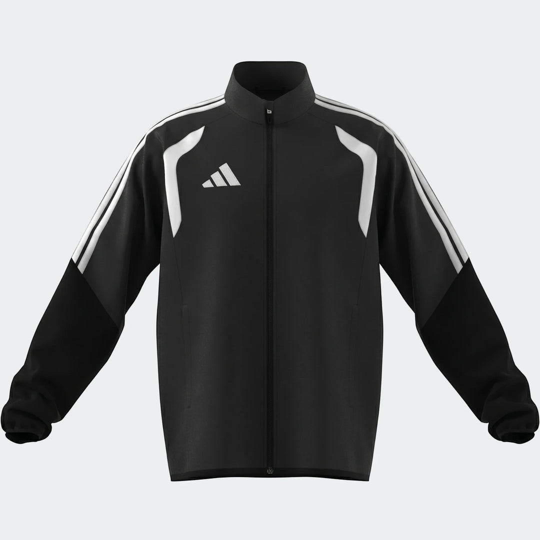 Black Adidas Tiro 26 League Presentation Jacket with white shoulder stripes and full-zip closure, shown front view.