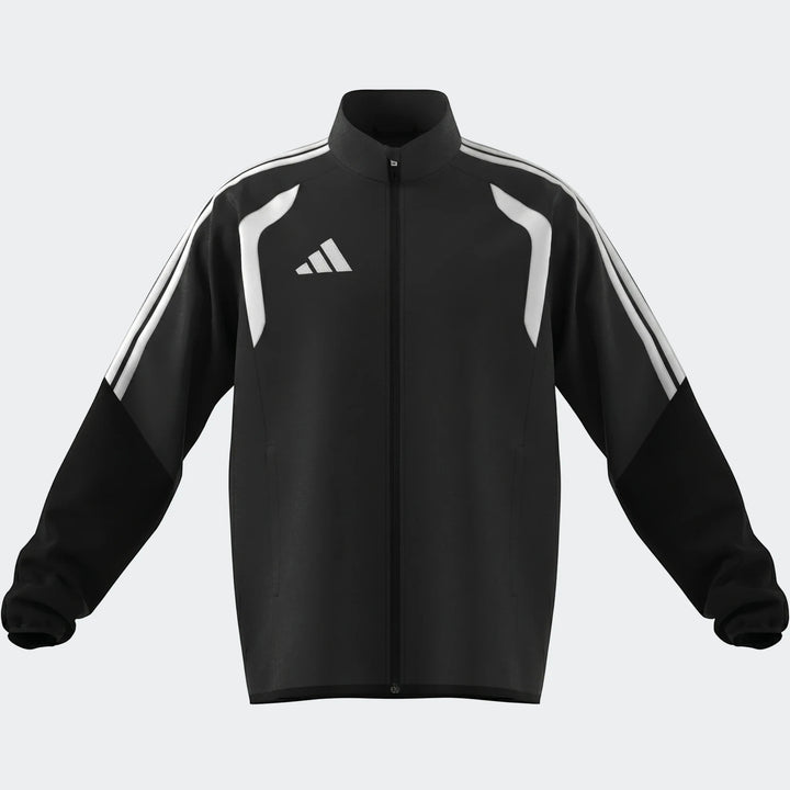 Black Adidas Tiro 26 League Presentation Jacket with white shoulder stripes and full-zip closure, shown front view.
