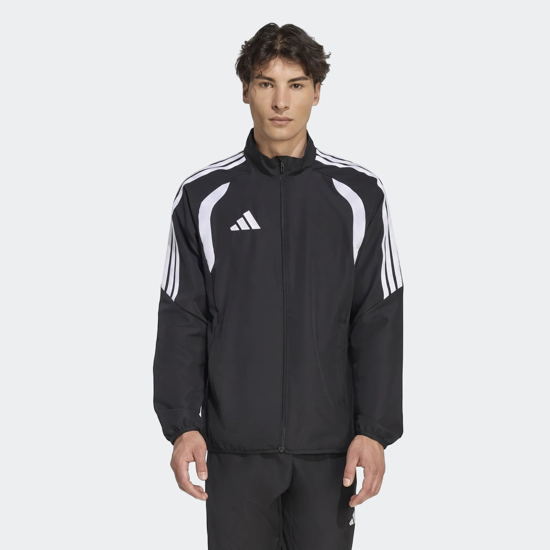 Black Adidas Tiro 26 League Presentation Jacket for men, featuring white three stripes on the shoulders and white chest
