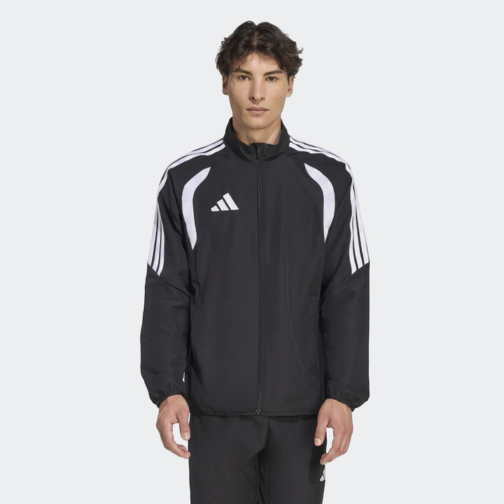 Black Adidas Tiro 26 League Presentation Jacket for men, featuring white three stripes on the shoulders and white chest