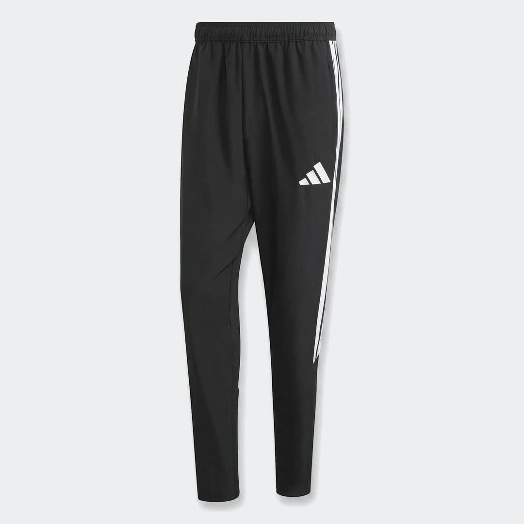 Black Adidas Tiro 26 League Presentation Pants with white stripes and logo, shown in a front view.