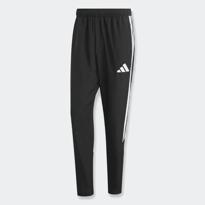 Black Adidas Tiro 26 League Presentation Pants with white stripes and logo, shown in a front view.
