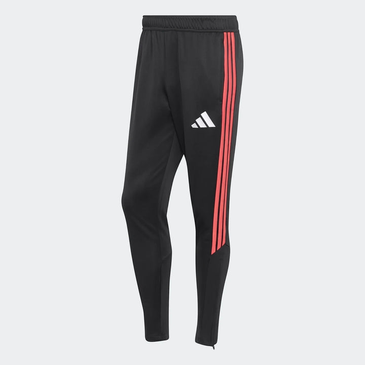 Black Adidas Tiro 26 League training tracksuit bottoms with iconic red three stripes and ankle zippers, displayed vertically.
