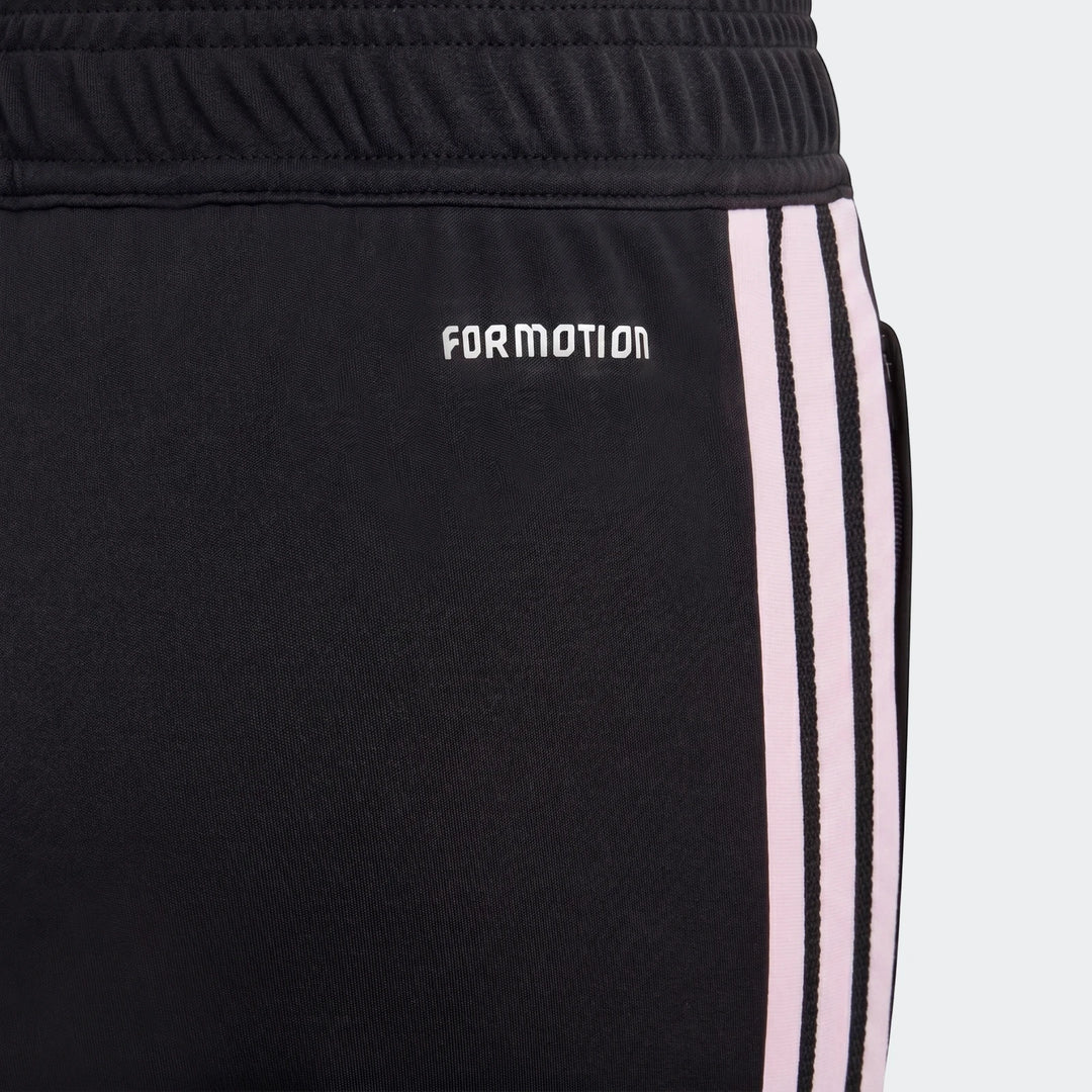 Close-up of black Adidas Tiro 26 Competition Training Pants Youth, featuring a white FORMOTION logo and three pink side