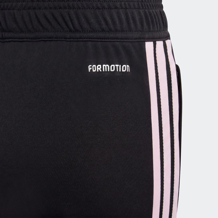 Close-up of black Adidas Tiro 26 Competition Training Pants Youth, featuring a white FORMOTION logo and three pink side