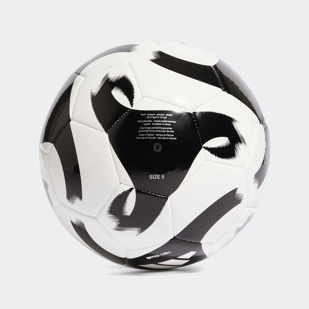 Black and white Adidas Tiro Club size 5 soccer ball with graphic paneling, shown centered against a light background.