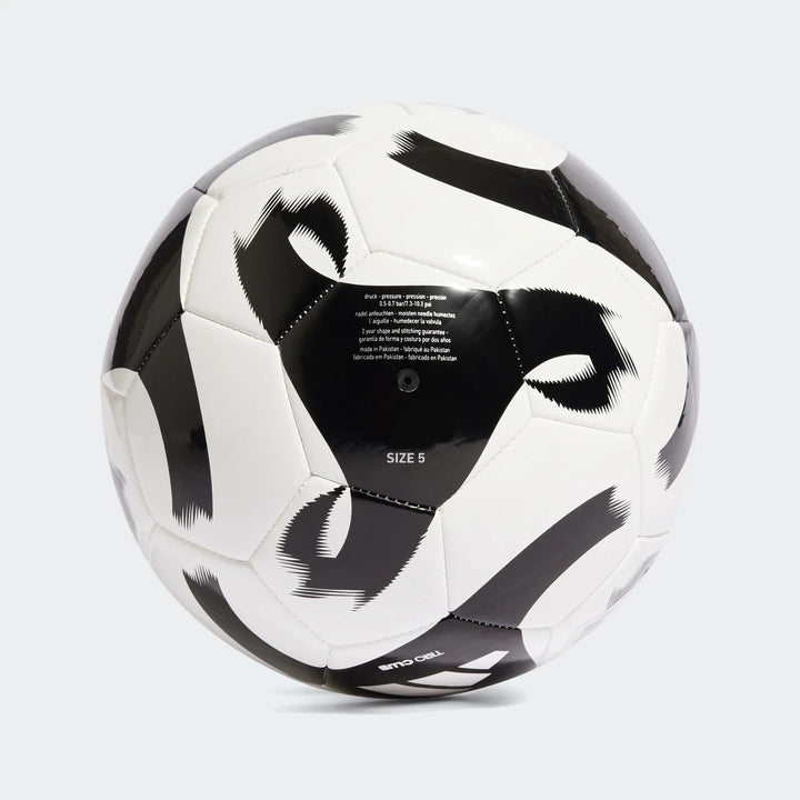 Black and white Adidas Tiro Club size 5 soccer ball with graphic paneling, shown centered against a light background.
