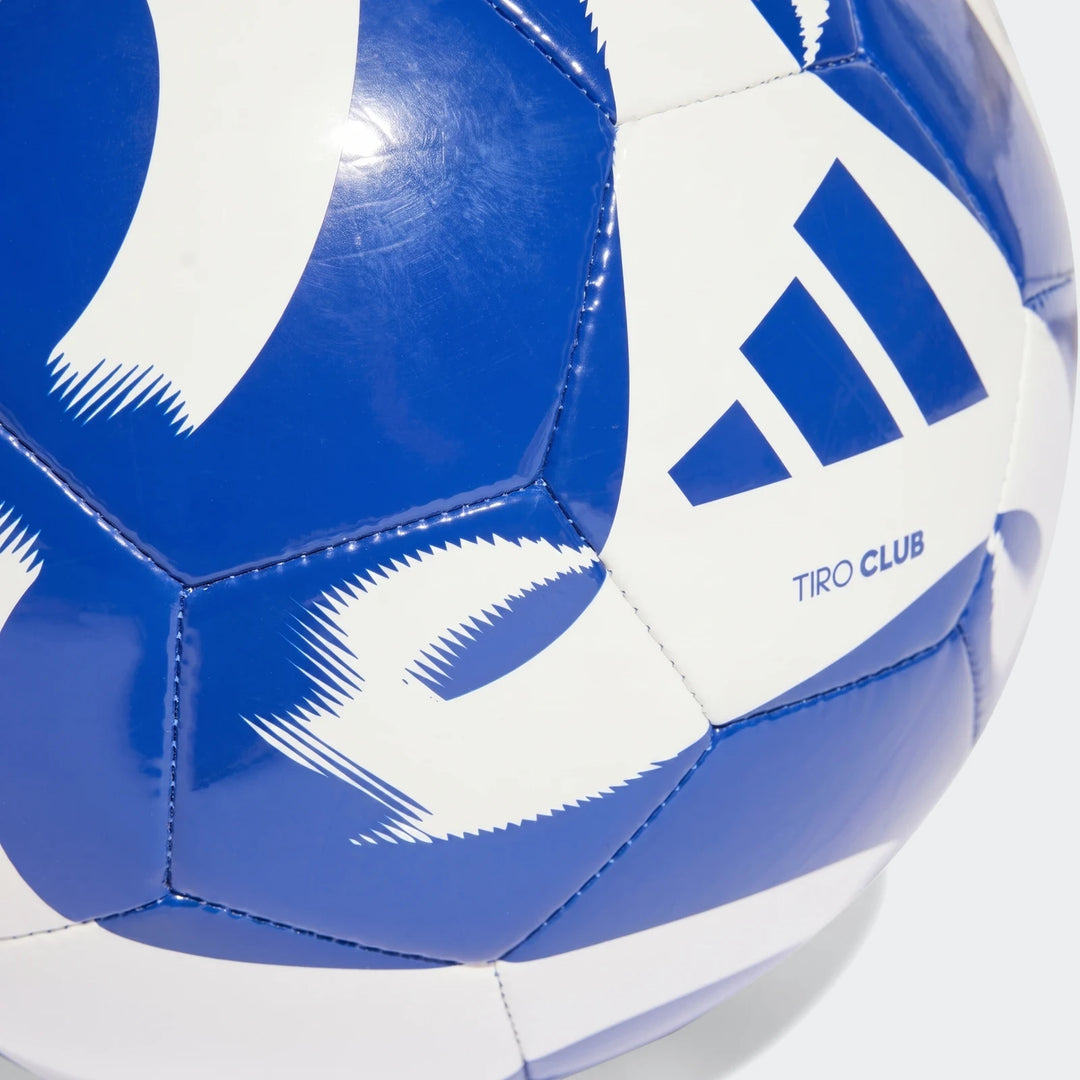 Close-up of a blue and white Adidas Tiro Club size 4 soccer ball featuring the Adidas logo and 'Tiro Club' text.
