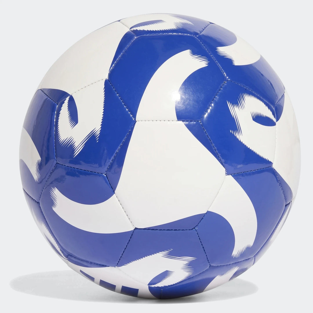 Adidas Tiro Club Size 4 soccer ball in white and royal blue with a distinctive panel design, viewed from a slight angle.