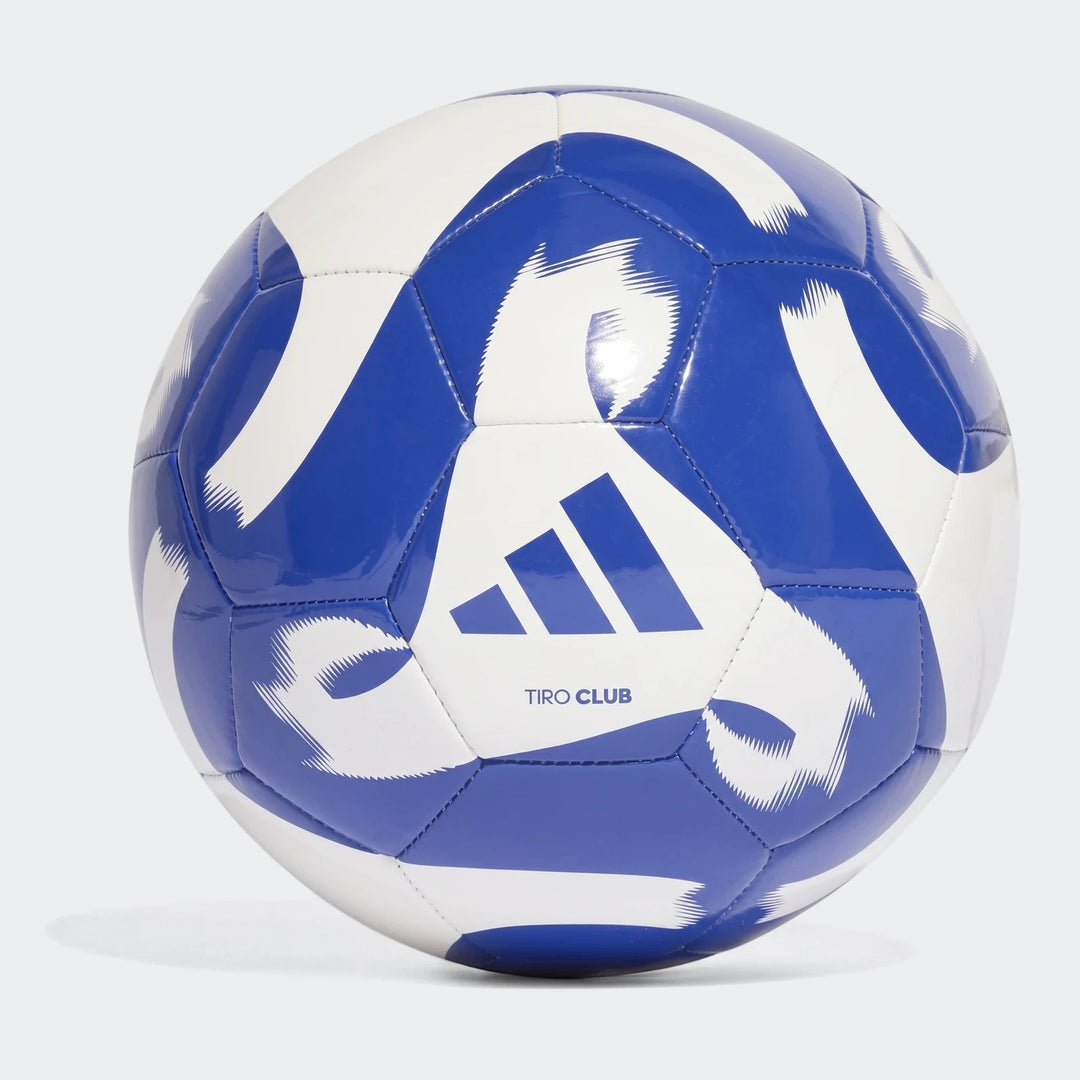 Adidas Tiro Club size 4 soccer ball in white and royal blue, featuring the iconic three-stripe Adidas logo.