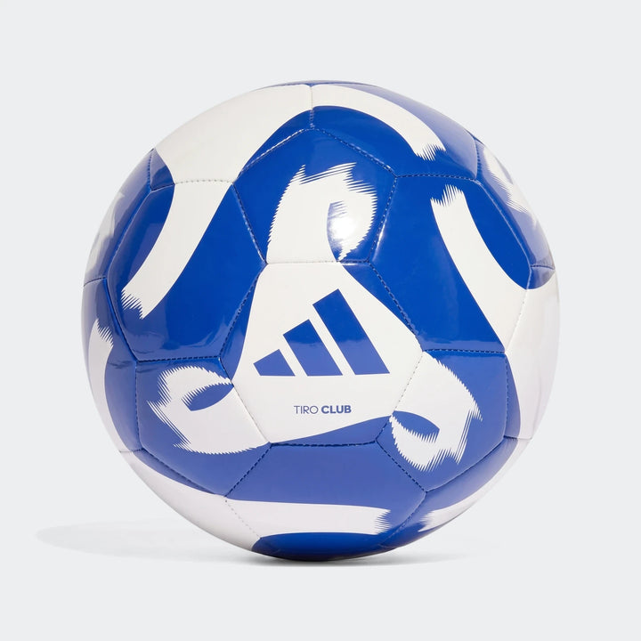 Adidas Tiro Club Size 5 soccer ball in white and royal blue, featuring the Adidas logo and 'Tiro Club' text.