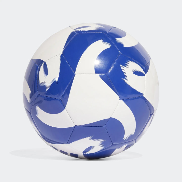 White and royal blue Adidas Tiro Club soccer ball, size 5, featuring stylized patterns and visible stitching on a panelled