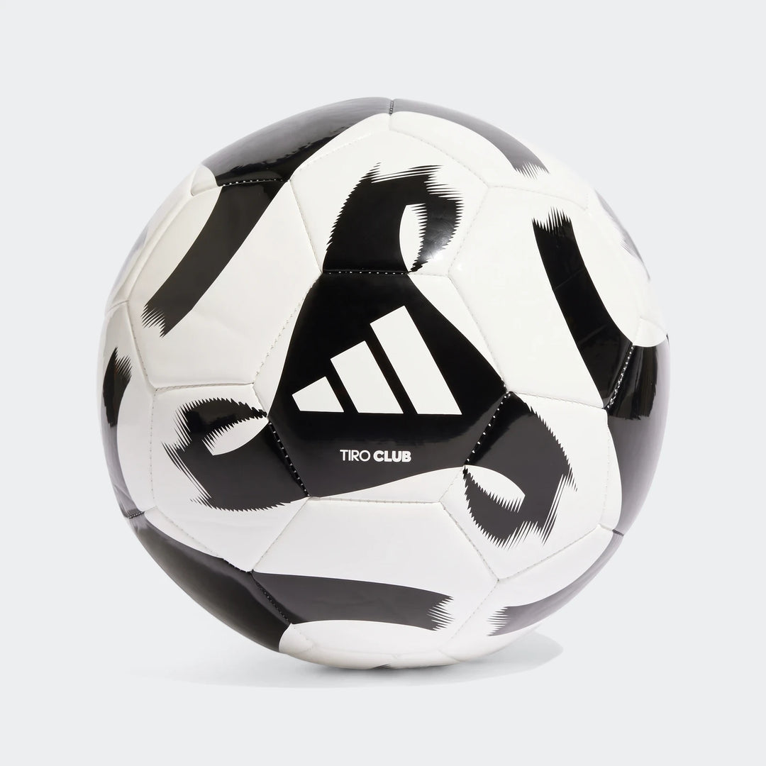 Adidas Tiro Club soccer ball in classic white and black, featuring a durable paneled design and prominent Adidas logo, shown