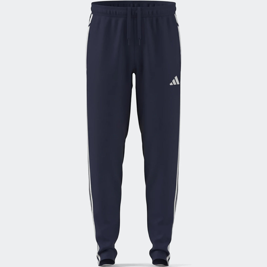 Dark blue Adidas Tiro Essentials Pants for men, featuring iconic white three-stripe detailing and an Adidas logo on the