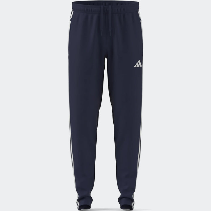 Dark blue Adidas Tiro Essentials Pants for men, featuring iconic white three-stripe detailing and an Adidas logo on the