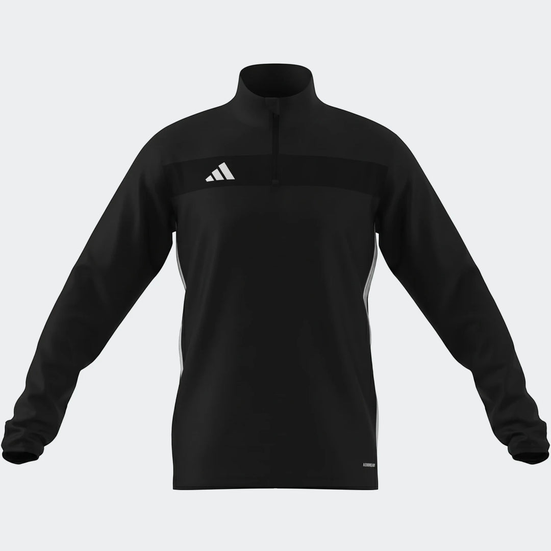 Black Adidas Tiro Essentials Track Top for men, featuring a quarter-zip collar, long sleeves, and the iconic Adidas logo on
