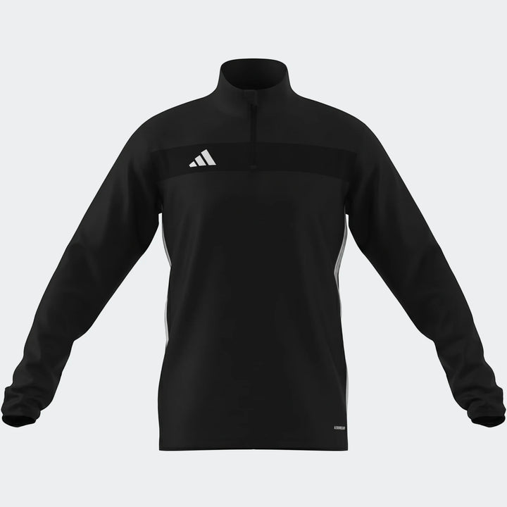 Black Adidas Tiro Essentials Track Top for men, featuring a quarter-zip collar, long sleeves, and the iconic Adidas logo on