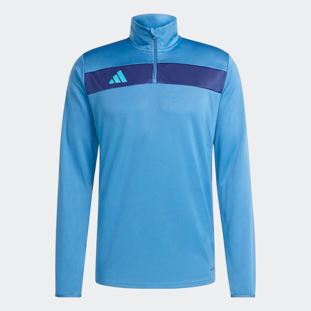 Light blue Adidas Tiro Essentials Track Top with navy chest stripe and quarter-zip, front view.