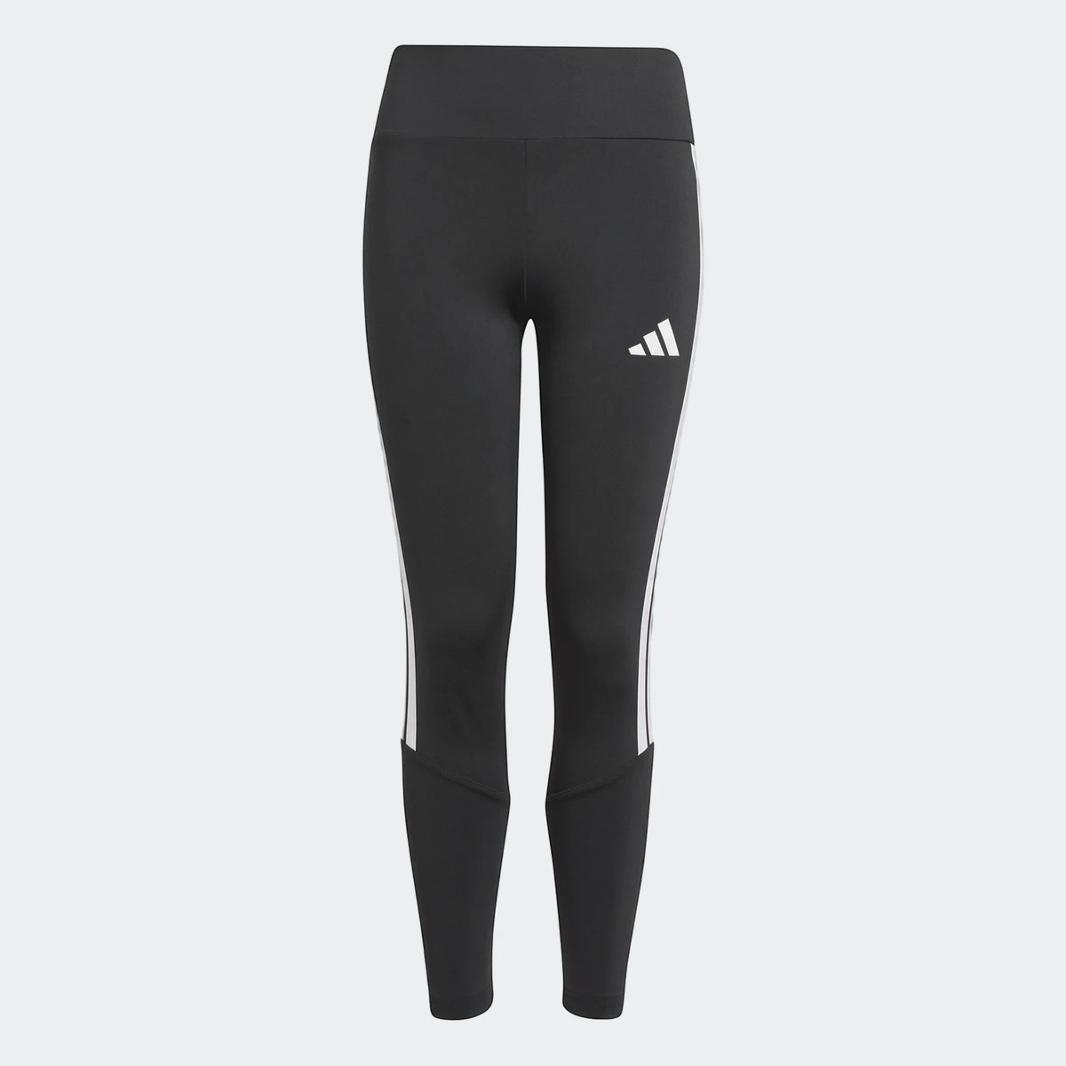 Black Adidas Train Essentials 3-Stripes kids leggings, viewed from the front, showcasing white stripe details and logo.