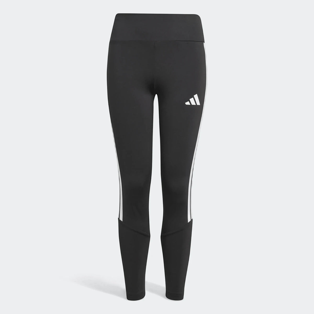 Black Adidas Train Essentials 3-Stripes leggings for kids with white side stripes and logo, designed for athletic activities.