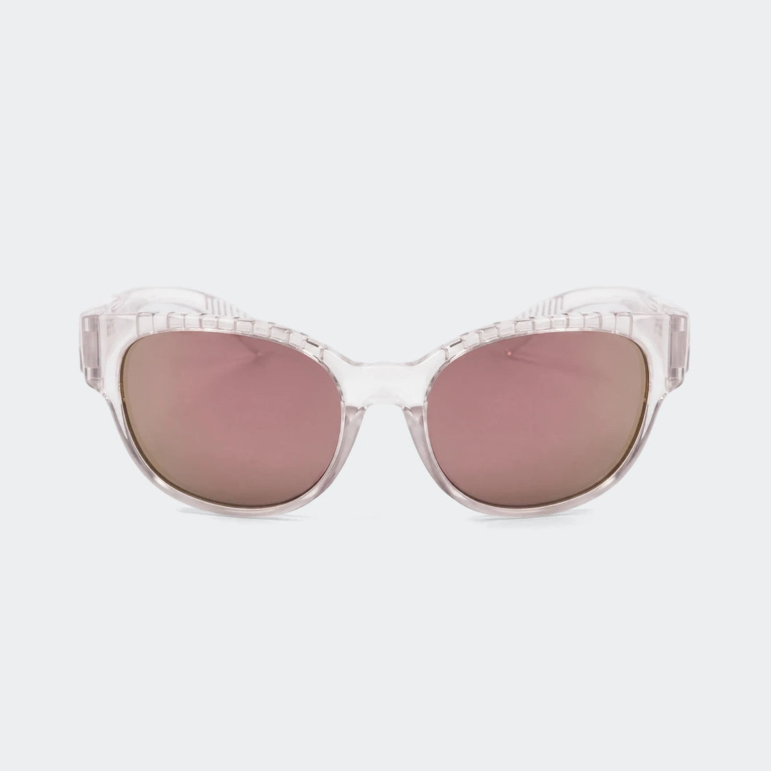 Front view of Adidas transparent sunglasses featuring thick frames with subtle ridged details and reflective pink mirrored